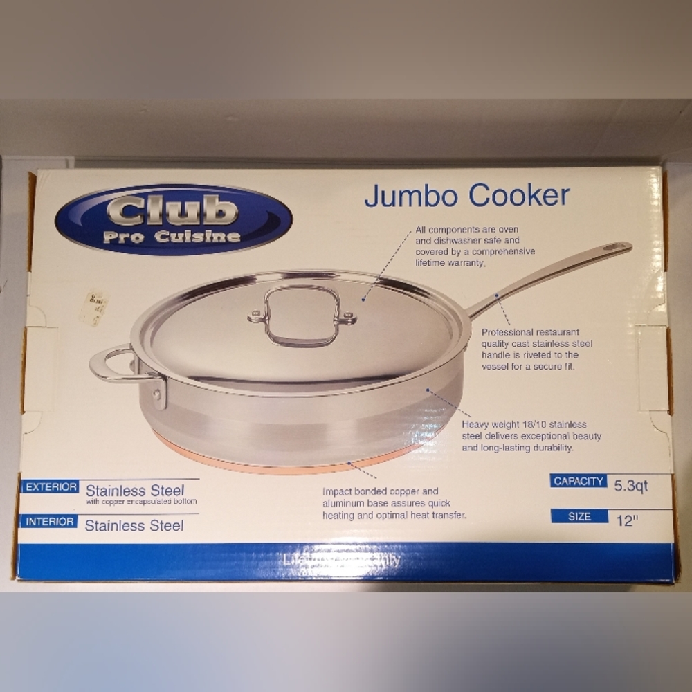Club Pro Cuisine Stainless Steel 12" Frying Pan Jumbo Cooker w/ Copper Bottom